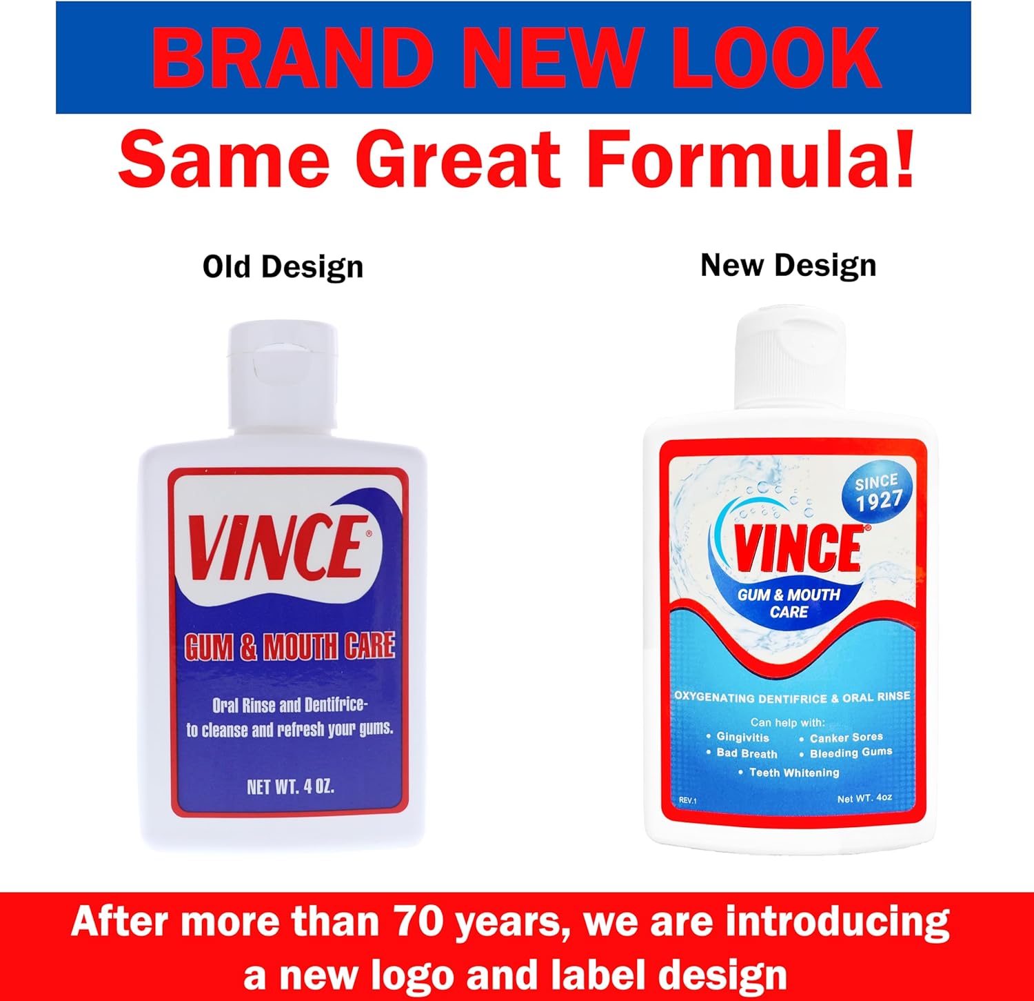 Comparison of an old and new design of Vince gum and mouth care bottle labels.