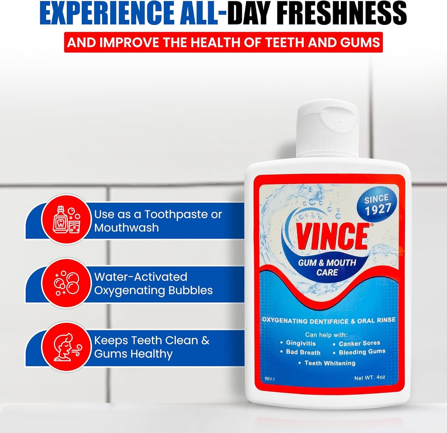 Bottle of Vince gum and mouth care product with features listed on a white background