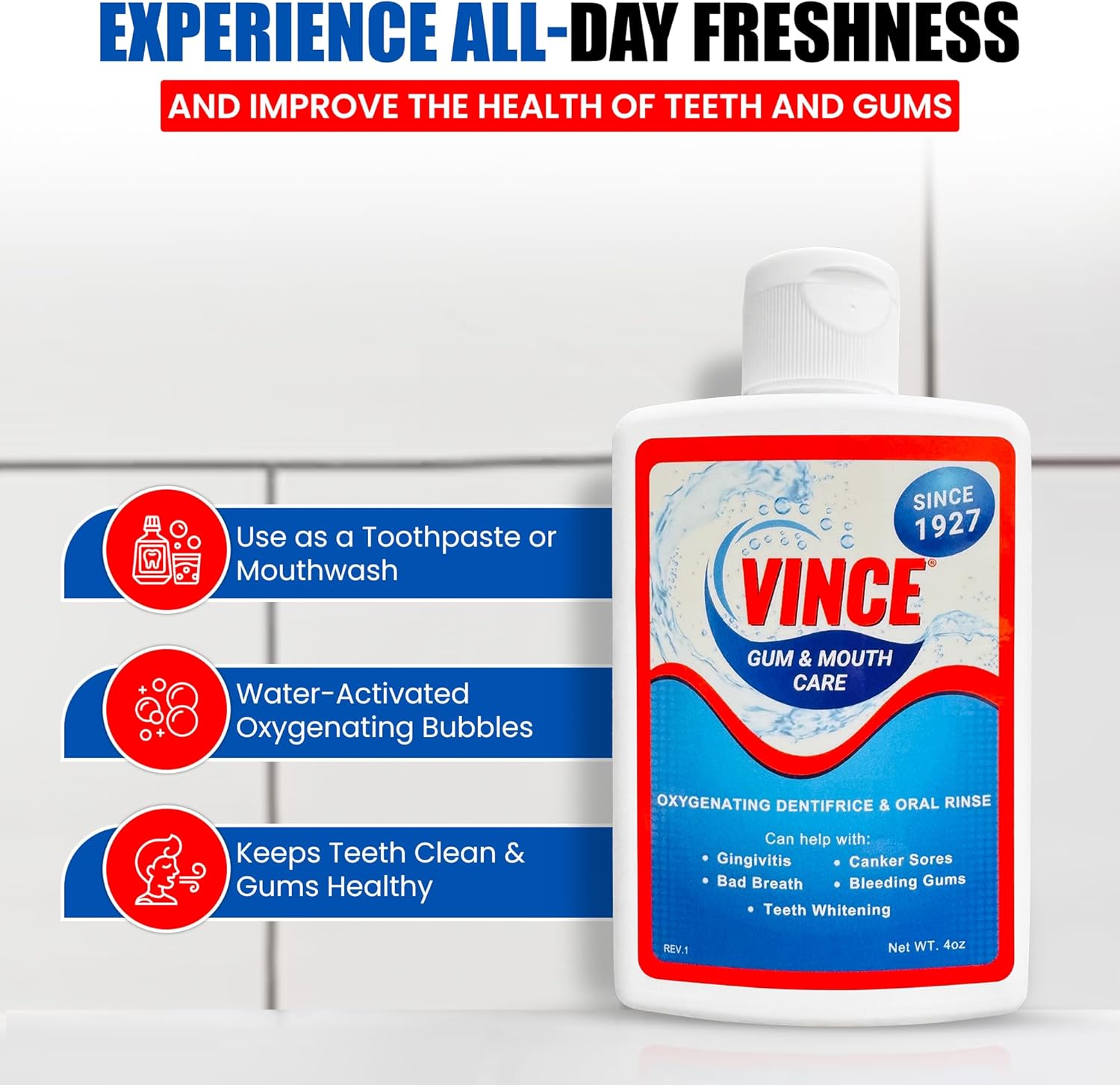 Bottle of Vince gum and mouth care product with features listed on a white background