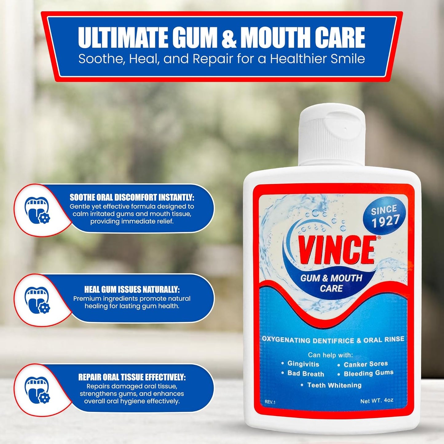 Vince gum and mouth care product with text on a blurred background