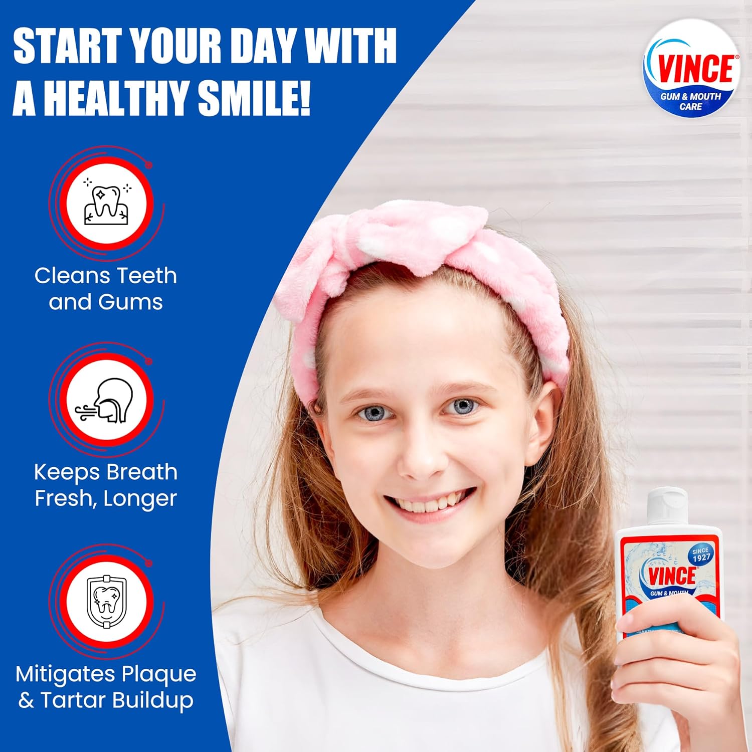 Young girl with a healthy smile holding a bottle of Vince dental care product, with promotional text on a blue background.