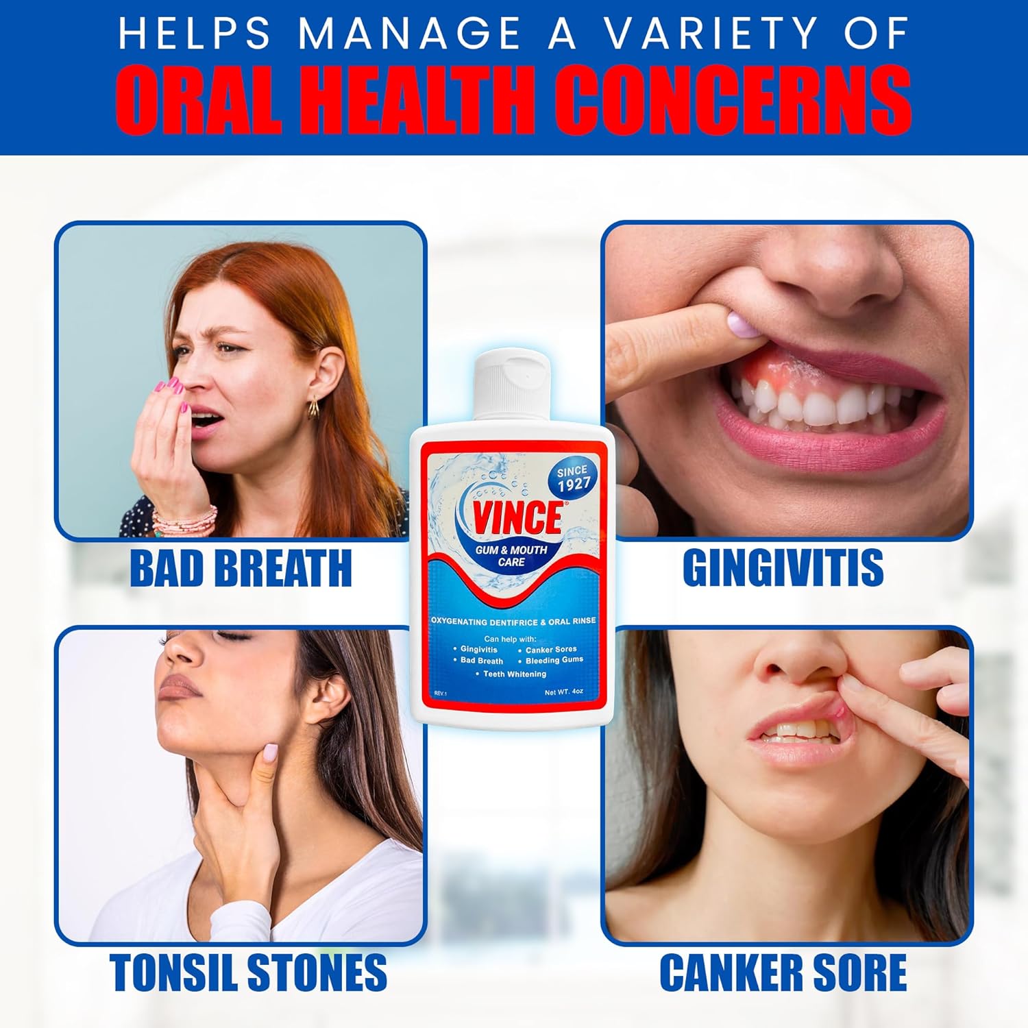 Promotional image for Vince dental product with images of oral health issues and solutions.