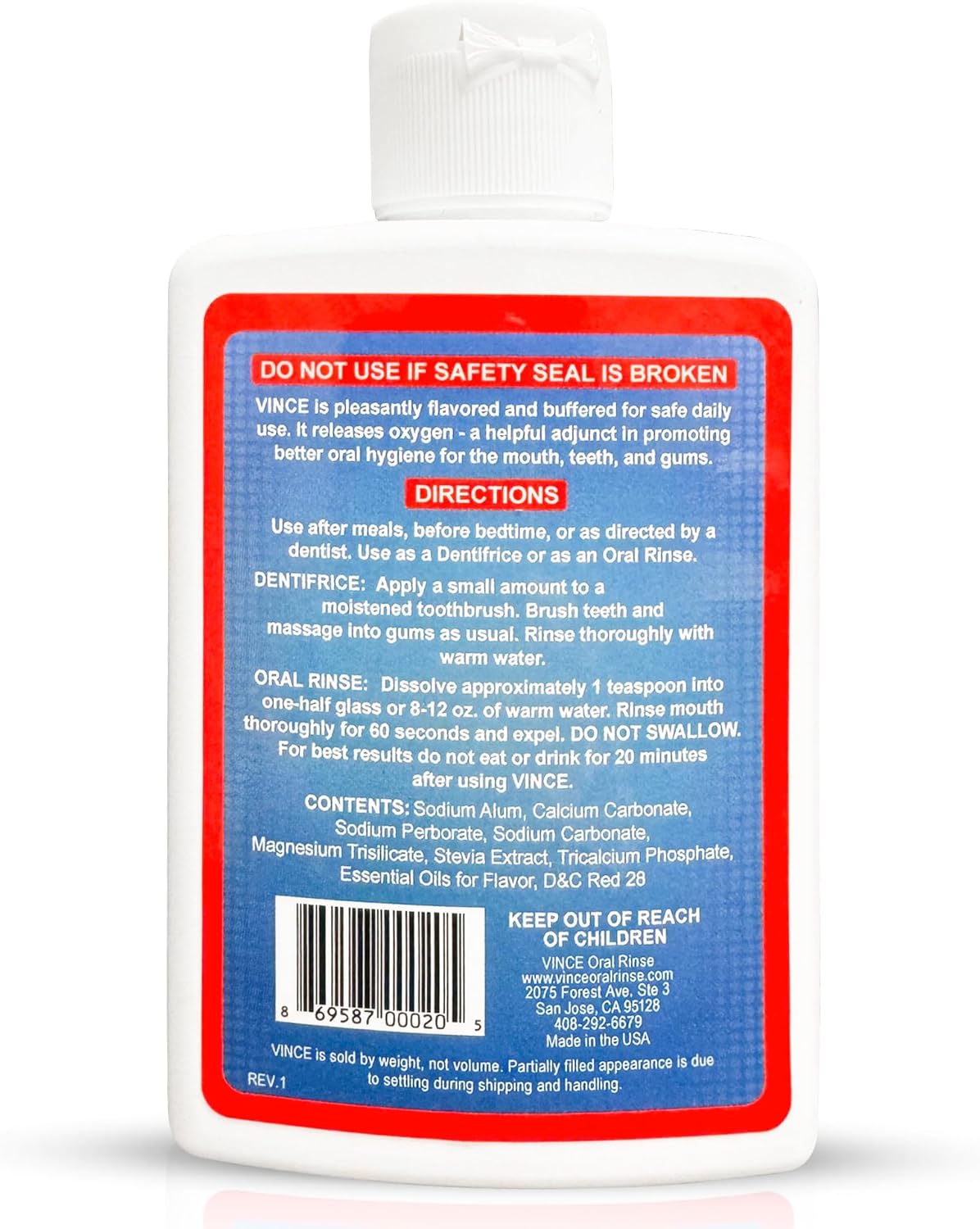 Back label of a VINCE Oral Rinse bottle with text and directions on a white background