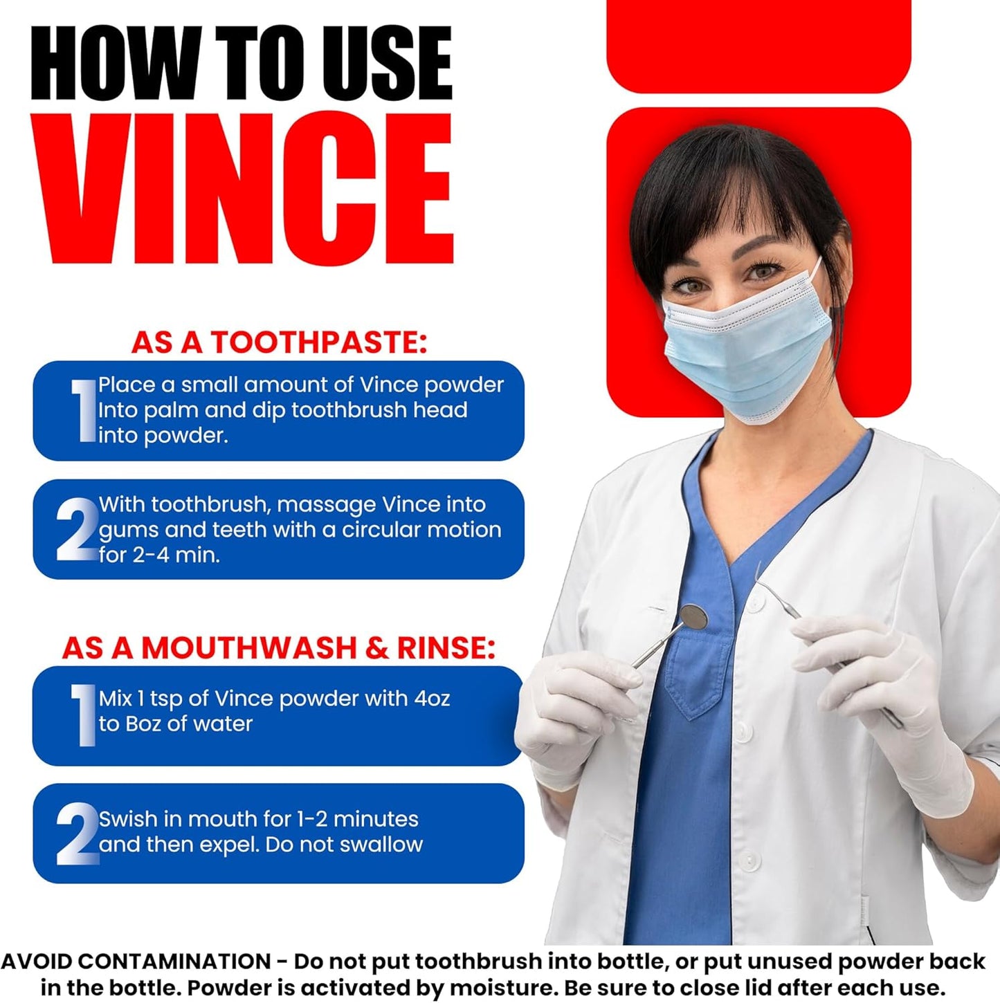 Instructions on how to use Vince as toothpaste and mouthwash with a medical professional illustration.