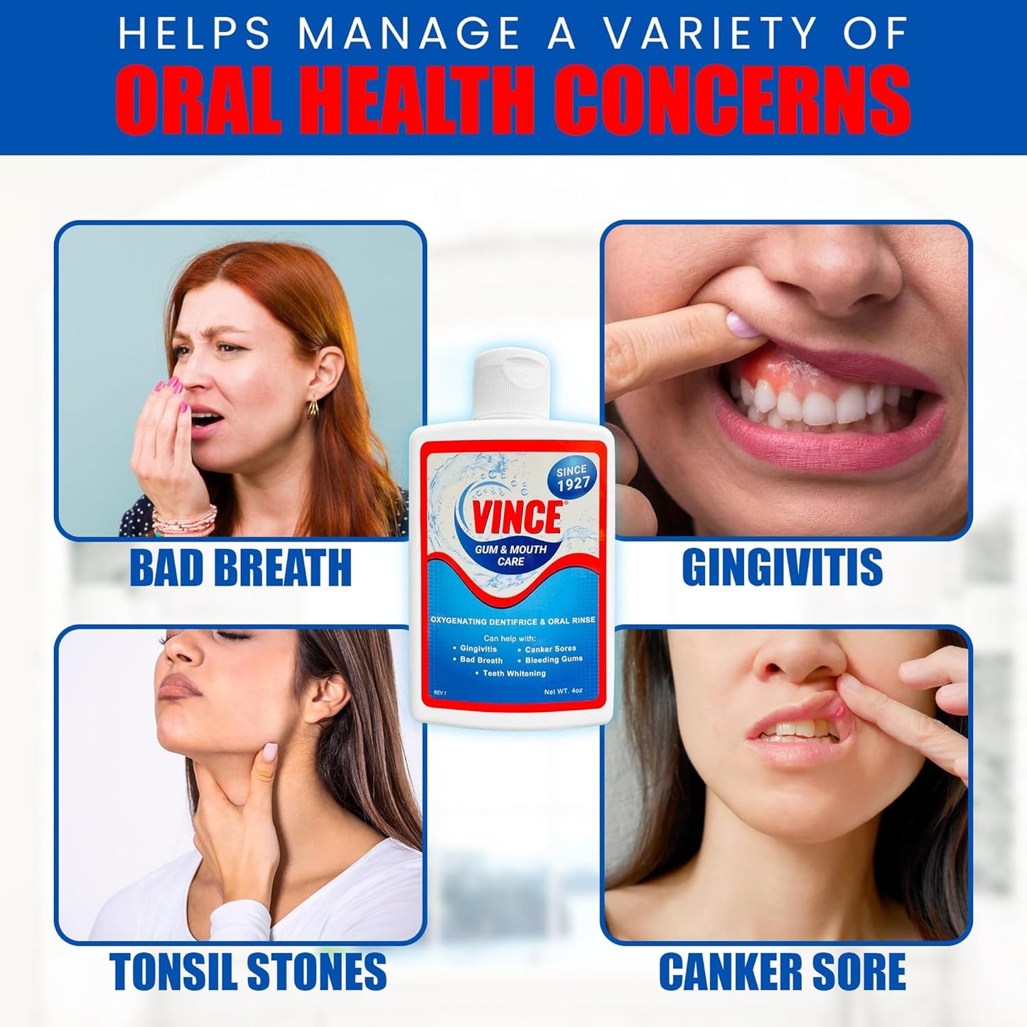 Promotional image for Vince dental product with images of oral health issues and solutions.